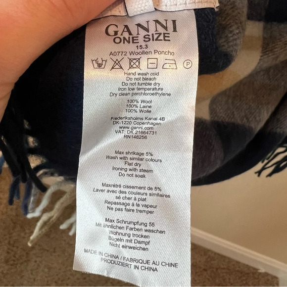 Ganni Fringed Poncho in Navy Check - Picture 5 of 8